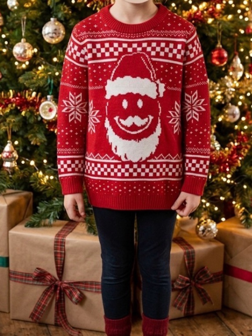 HOLIDAY TIME Santa Christmas Sweater, Girls Size M (8), Red White